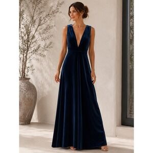 Jenny Yoo Navy Blue Velvet Deep V-Neck Maxi Dress Gown Womens Size 8 Formal